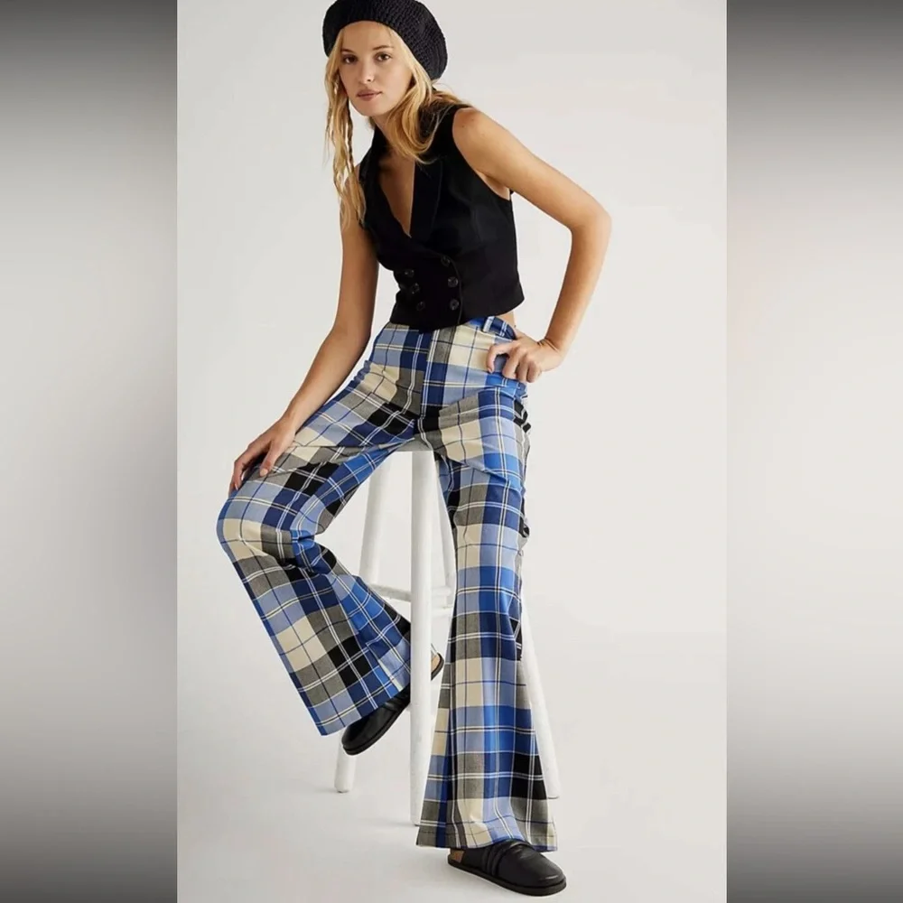 NEW Free People Jules Plaid High Waist Wide Leg Black Blue Pants Sz 4